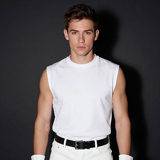 Photograph of a young, muscular white man with short brown hair, wearing a white sleeveless shirt, white pants, black belt, and white gloves