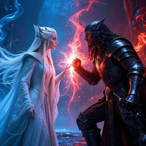 Digital artwork of a white-haired, ethereal elf woman in a flowing gown, facing a dark, armored, wolf-headed man with fiery magic. Neon