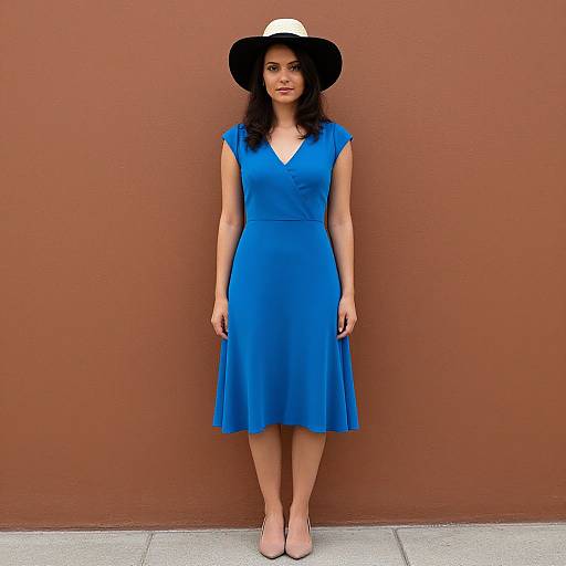 Photograph of a woman with curly hair wearing a bright blue knee-length dress, white hat, and beige heels, standing against a brown wall.