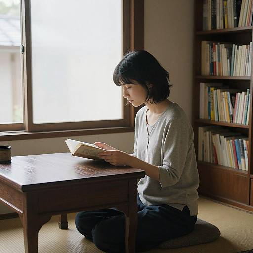 Photograph of a young Asian woman with short black hair, wearing a gray sweater and black pants, kneeling on tatami mat, reading a book by