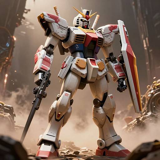 Digital artwork of a white and red Gundam-style mecha robot with a gun in one hand and shield in the other, standing in a dusty, futuristic