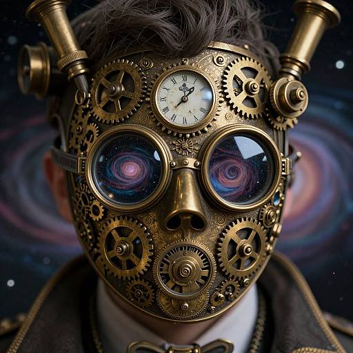 Photograph of a person with a steampunk-style brass mask featuring gears, clock, and glowing blue-purple lenses, against a cosmic backdrop.