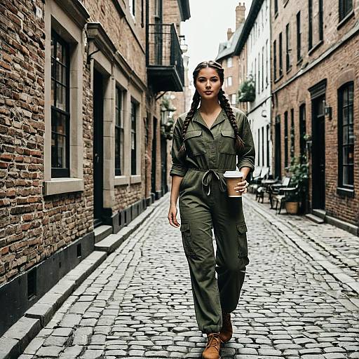 Urban Chic Woman in Khaki Jumpsuit Holding Coffee