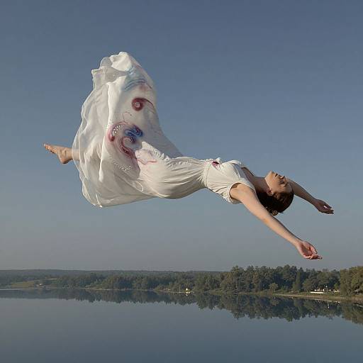 Photograph of a woman with dark hair, white floral dress, mid-air leap over a tranquil lake, arms outstretched, clear blue sky,