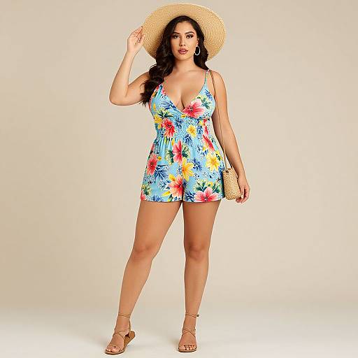 Photograph of a curvy woman with long dark hair, wearing a blue floral mini dress, straw hat, gold sandals, and a wicker hand