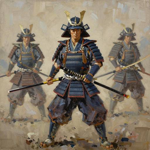 Digital painting of three samurai warriors in blue armor, wielding swords, with determined expressions, standing in a dusty, beige background.