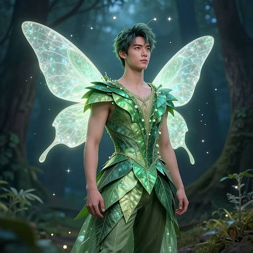 Digital artwork of a young man with green leafy wings and a glowing, green, leafy costume standing in a mystical forest.