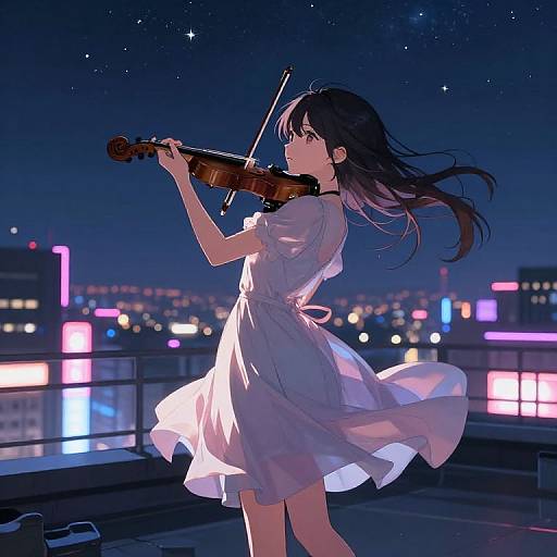 Anime-style drawing of a young woman with long black hair playing a violin on a rooftop at night, wearing a flowing white dress, with a cityscape