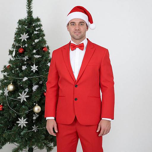 Photograph of a man in a bright red suit, white shirt, red bow tie, and Santa hat, standing in front of a decorated Christmas tree