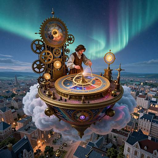 Steampunk clockwork wizard floating above city, manipulating glowing astrological wheel, surrounded by gears, aurora borealis backdrop, with cityscape below