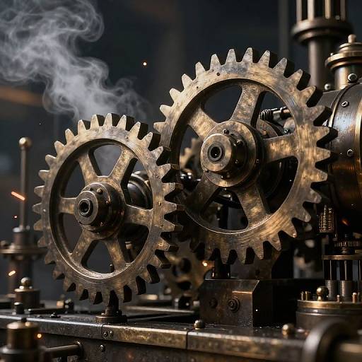 Photograph of industrial machinery with two large, metallic gears spinning, emitting white smoke, set against a dark, blurred background.