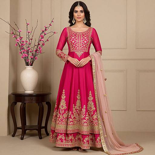 Photograph of a South Asian woman in a vivid pink traditional salwar kameez with gold embroidery, standing in front of a beige wall, next