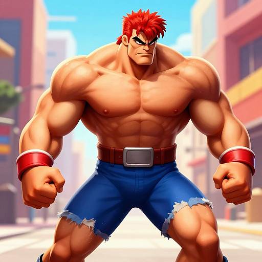 Digital illustration of a muscular, red-haired man with a stern expression, wearing blue torn shorts, red cuffs, and a brown belt, standing in a