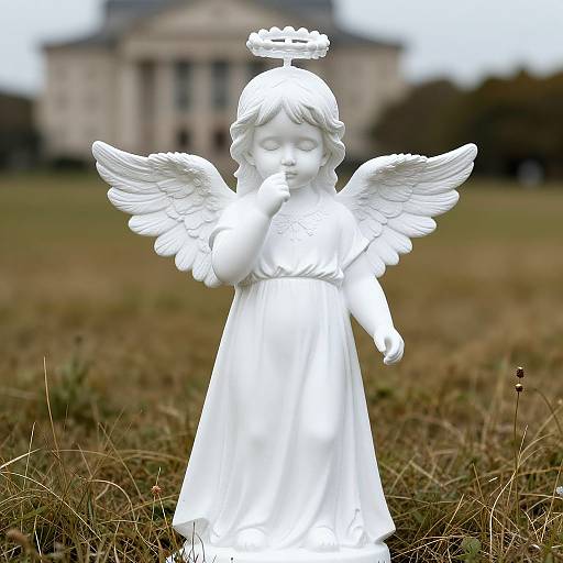 Photograph of a white, detailed angel statue with wings, halo, and dress, standing in a grassy field with a blurred, classical-style building