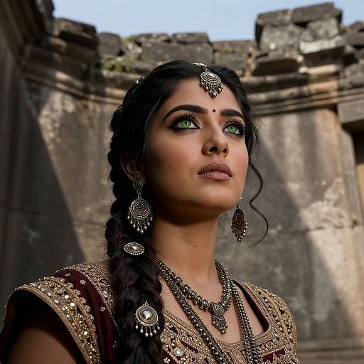 Photograph of a woman with green eyes, dark braided hair, adorned in traditional Indian jewelry and attire, standing against ancient stone ruins.