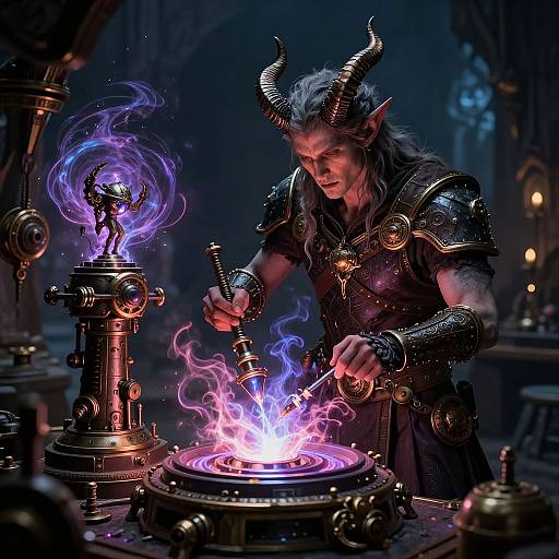 Digital artwork of a horned demon wizard with long gray hair, black armor, and glowing purple-blue flames on ornate magical cauldrons.