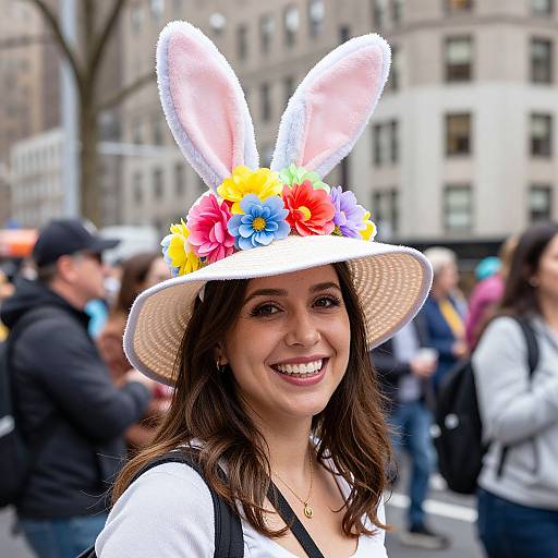Photograph of a smiling woman with brown hair wearing a white bunny hat with pink ears, colorful flower crown, and white shirt, amidst a crowded urban