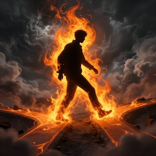 Silhouetted figure walking through intense, towering orange flames amidst dark, smoky clouds, with glowing embers and tracks leading forward. Digital art