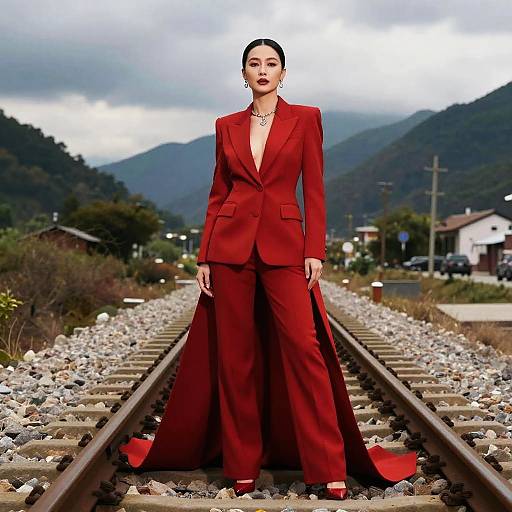 Photograph of a woman with dark hair in a red, plunging, long-sleeve suit standing on railroad tracks, mountains and cloudy sky in