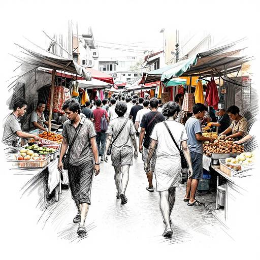 Color sketch of a bustling outdoor market with diverse shoppers, vendors, and colorful stalls filled with fruits and vegetables.