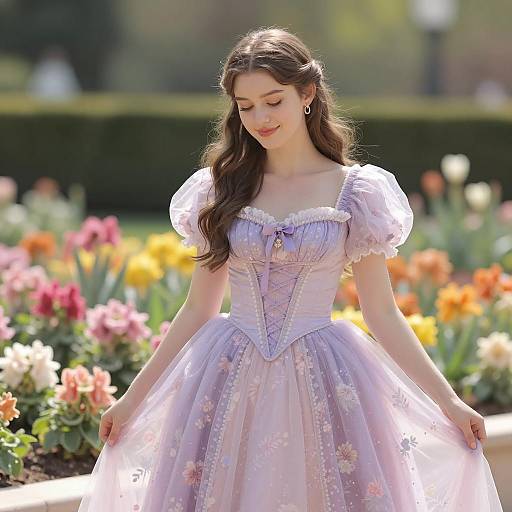 Young Woman in Pastel Purple Fairy Tale Dress in Garden
