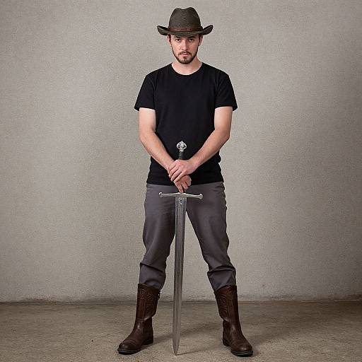 Photograph of a bearded man in black shirt, gray pants, brown boots, and cowboy hat, holding a sword upright, standing against a textured