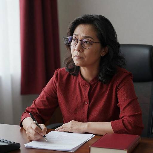Focused Woman Writing at Wooden Desk