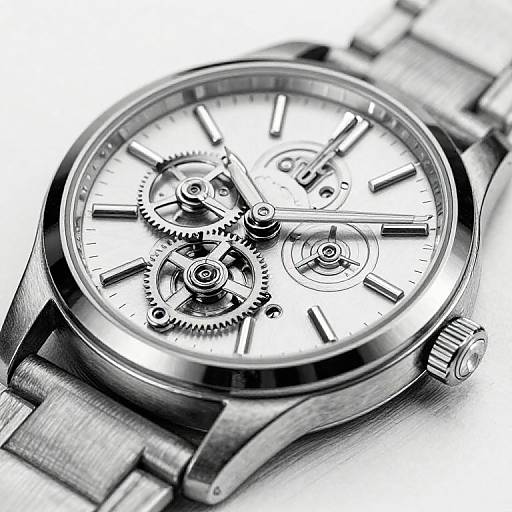Close-up photograph of a sleek, silver stainless steel wristwatch with intricate exposed gears, black and white color scheme, and a metallic link bracelet.