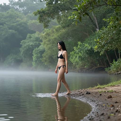 Photograph of a woman with long black hair in a black bikini walking along a misty, forested lakeshore, reflecting in calm water.