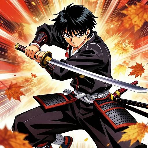 Anime-style drawing of a black-haired samurai with intense expression, wielding a sword, surrounded by autumn leaves and dynamic red and yellow explosion background.