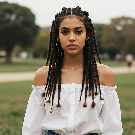 Photograph of a young Black woman with long, braided hair wearing an off-shoulder white blouse, standing in a park. Blurred green