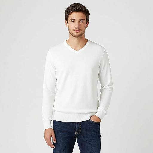 Photograph of a handsome young man with short brown hair, light stubble, wearing a plain white V-neck sweater and dark blue jeans, standing against