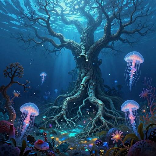 Digital fantasy artwork of a glowing blue underwater scene with a twisted, ancient tree at center, surrounded by jellyfish and vibrant coral.