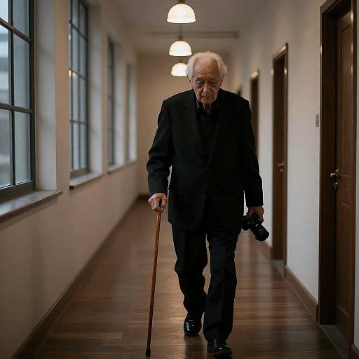 Elderly Man in Dimly Lit Hallway