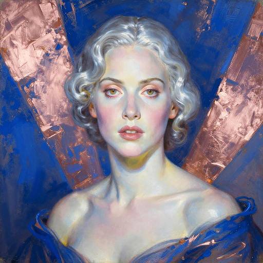 Digital painting of a fair-skinned, silver-haired woman with blue eyes, wearing a blue off-shoulder garment, set against a vibrant blue and