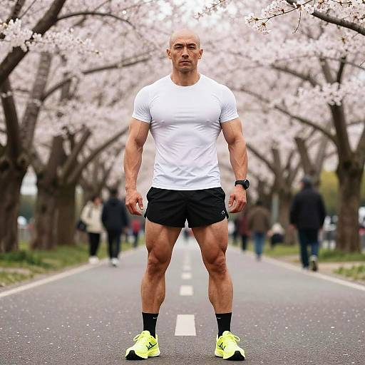 Photograph of a muscular bald man in a white t-shirt, black shorts, and neon yellow shoes, running on a cherry blossom-lined path.