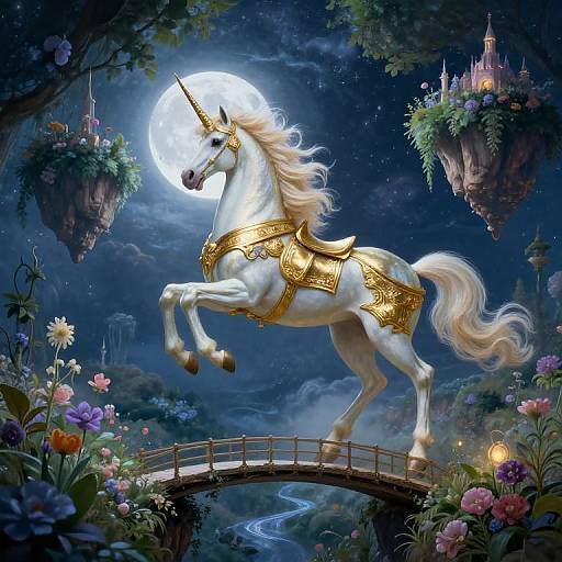Digital fantasy artwork of a majestic white unicorn with golden armor, rearing on a bridge under a full moon, surrounded by floating gardens and colorful flowers.