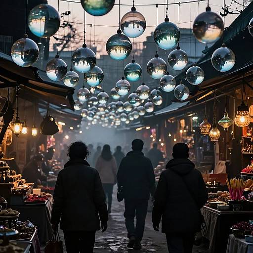 Photograph of a dimly lit, bustling outdoor market at dusk, with silhouetted people walking under a canopy of hanging, reflective blue and
