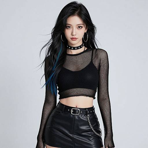Photograph of an Asian woman with long black hair, wearing a black mesh crop top, leather skirt, studded choker, and hoop earrings,