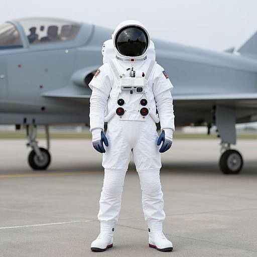Photograph of an astronaut in a white spacesuit with black helmet, standing on an airstrip, with a grey military jet in the blurred background.