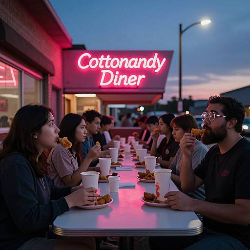 Photograph of a group of young people sitting at a neon-lit outdoor diner, eating fries and burgers at dusk.