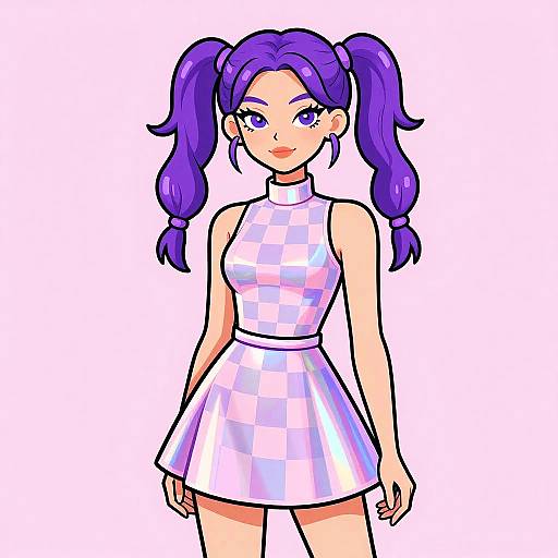 Digital anime-style drawing of a purple-haired girl with twin pigtails, wearing a white and purple checkerboard dress, standing against a plain white background