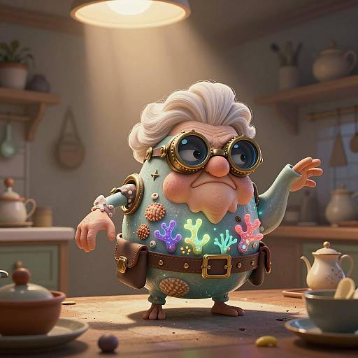 Steampunk Teapot Grandma in Vibrant Kitchen