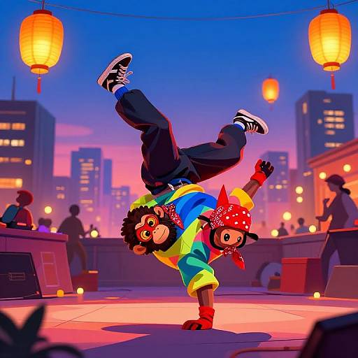 Digital cartoon of a young boy performing a handstand in a vibrant city rooftop at dusk, wearing a colorful jacket, red bandana, and black sneakers