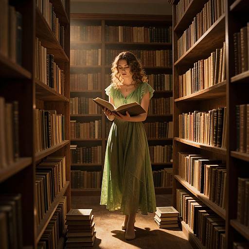 Photograph of a curly-haired woman in a green dress, standing between sunlit bookshelves, reading a book in a library.