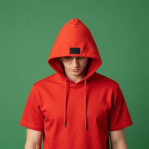 Photograph of a young man with pale skin, wearing a bright red hooded shirt, hood up, against a solid green background.