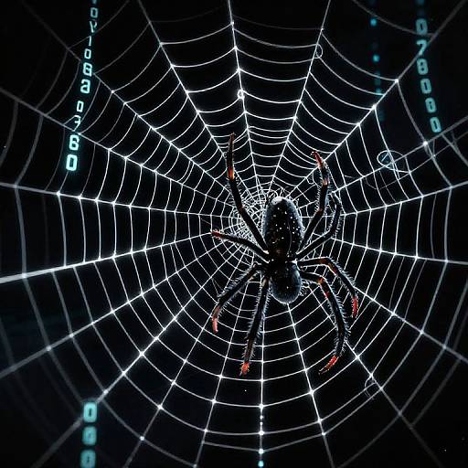 Photograph of a glowing spider centered on a luminous, digital spider web against a dark, starry background with blue alphanumeric code.