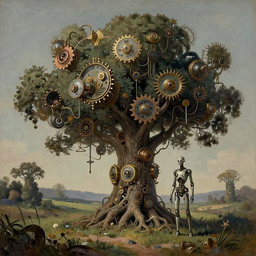 Surreal Steampunk Tree with Cybernetic Figure