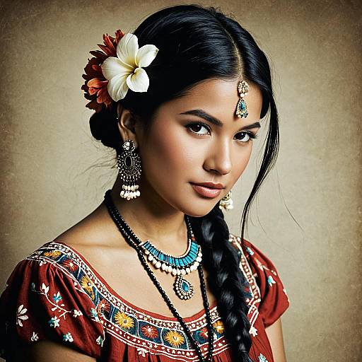 Indian Style Woman with Jewelry and Floral Hair Ornament