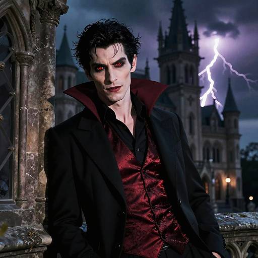 Photograph-style digital art of a pale, dark-haired vampire with red eyes, wearing a black suit and red shirt, standing in front of a go